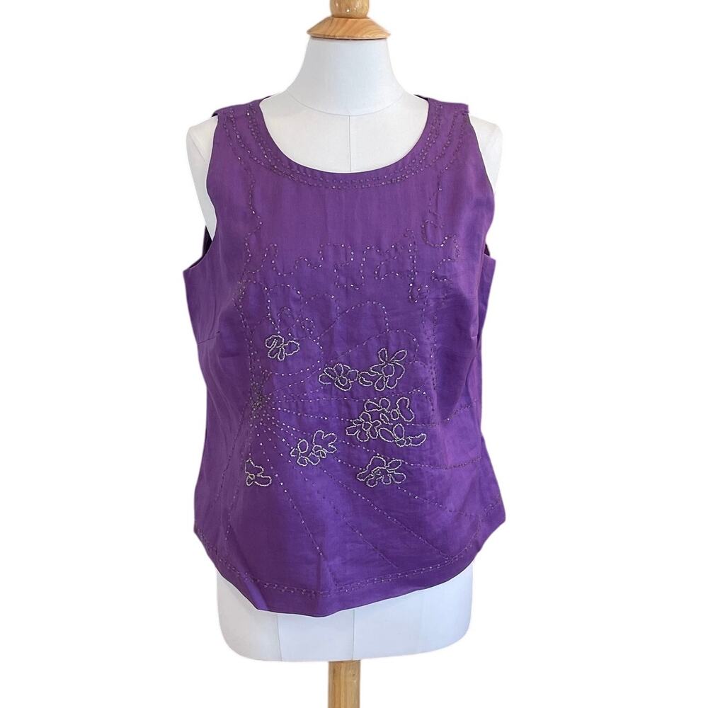 La Rea Collection Purple Linen Beaded Sleeveless Tank, Floral, Boho, Size M